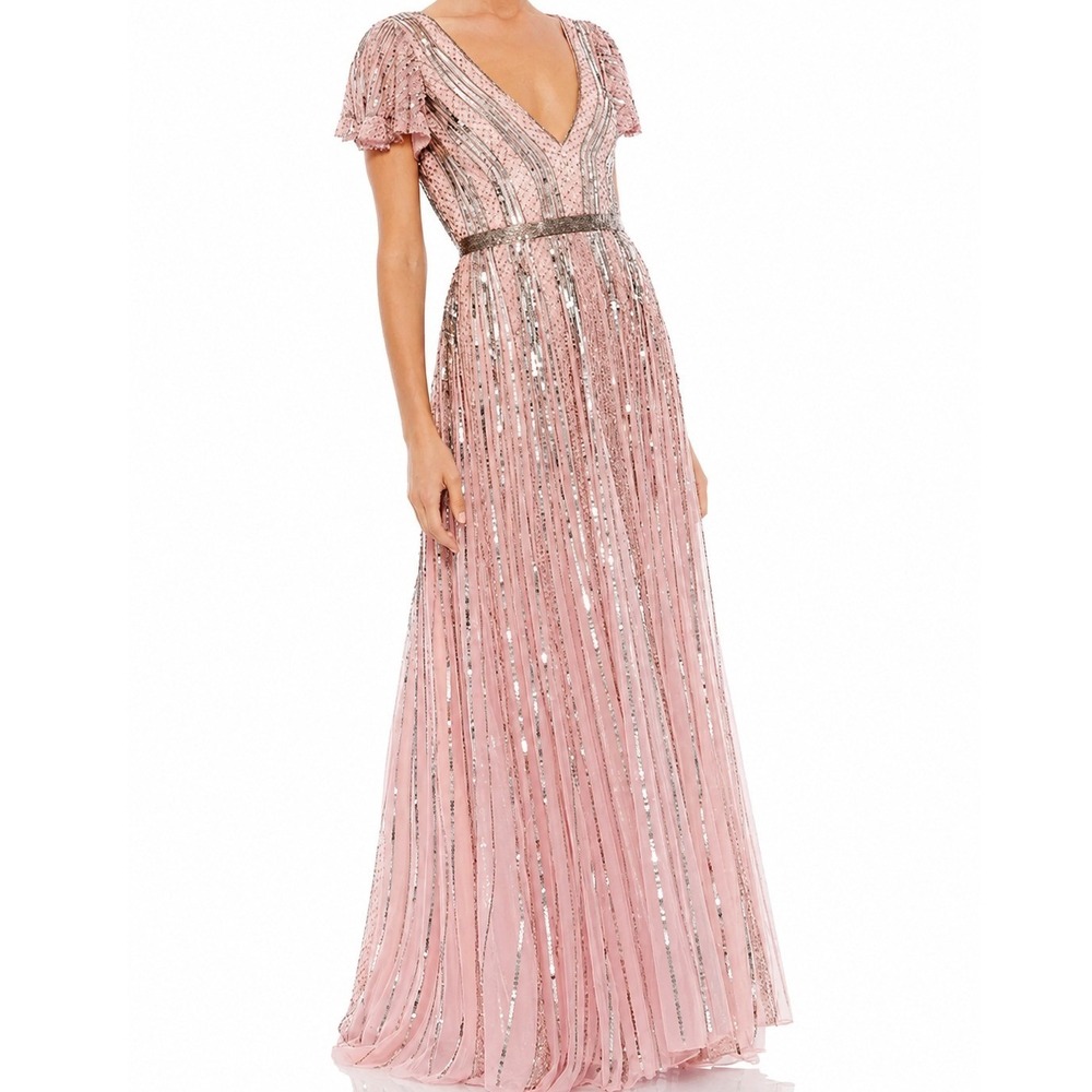 Mac Duggal 5444 Sequin Gown Womens 12 Pink Flutter Sleeve Formal Evening Dress